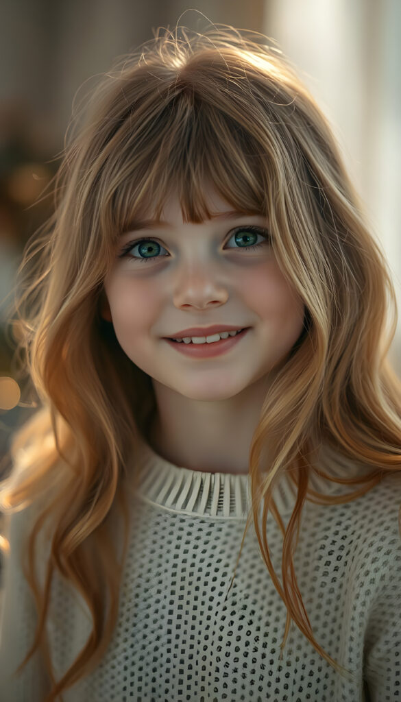 A radiant young girl with soft, long, wavy copper-colored hair cascading down her shoulders, her round face illuminated by a warm, golden light. Her detailed green eyes sparkle with joy, complementing her full, plump lips slightly parted in a cheerful expression. Her white wool sweater is finely knitted, adding a cozy elegance to her appearance. The background is a dreamy bokeh of soft pastel hues, creating a serene and enchanting atmosphere. The composition emphasizes her upper body, capturing her grace and happiness with a shallow depth of field, making her the focal point of the image.