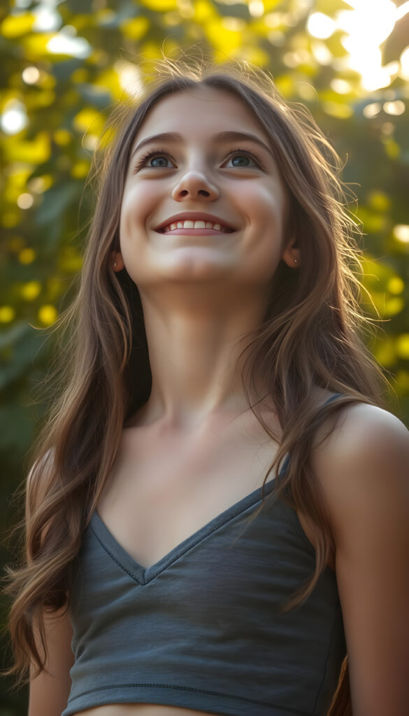 A radiant young girl in her teens, exuding charm and warmth, gazes upward with a dazzling smile. She is dressed in a stylish, cropped grey tank top with a deep V-neck, showcasing her delicate collarbone and shoulder. Her long, wavy brown hair cascades down her back in soft, flowing strands. The scene is bathed in soft, golden sunlight filtering through lush green foliage, creating a serene and enchanting atmosphere. Her expression is one of pure joy and innocence, capturing a moment of pure happiness and connection with the world around her.