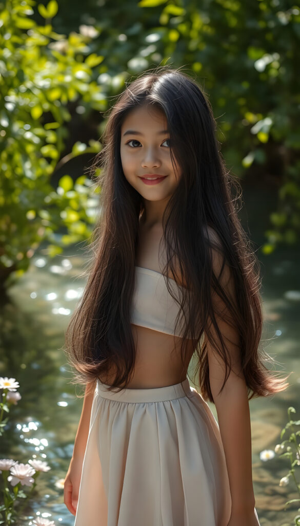A radiant young girl with long, flowing black wavy hair stands gracefully in the front of a crystalline natural spring, her face shyly directed towards the camera. She wears a delicate, sleek crop top paired with a playful, round mini skirt that flares out as she twirls. The scene is bathed in soft, warm sunlight filtering through lush, vibrant green foliage, casting dappled shadows on the water's surface. The spring glistens with sparkling reflections, surrounded by blooming wildflowers in a range of soft pastel colors.