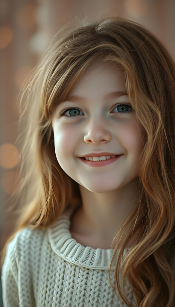 A radiant young girl with soft, long, wavy copper-colored hair cascading down her shoulders, her round face illuminated by a warm, golden light. Her detailed green eyes sparkle with joy, complementing her full, plump lips slightly parted in a cheerful expression. Her white wool sweater is finely knitted, adding a cozy elegance to her appearance. The background is a dreamy bokeh of soft pastel hues, creating a serene and enchanting atmosphere. The composition emphasizes her upper body, capturing her grace and happiness with a shallow depth of field, making her the focal point of the image.