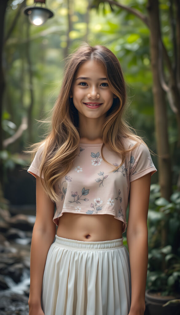 A radiant young adult girl, her hair like flowing waves of golden brown, smiles softly in a colorful pastel cropped t-shirt adorned with delicate floral patterns and a pleated white skirt, you can see her cute little belly button