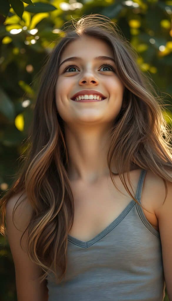 A radiant young girl in her teens, exuding charm and warmth, gazes upward with a dazzling smile. She is dressed in a stylish, cropped grey tank top with a deep V-neck, showcasing her delicate collarbone and shoulder. Her long, wavy brown hair cascades down her back in soft, flowing strands. The scene is bathed in soft, golden sunlight filtering through lush green foliage, creating a serene and enchanting atmosphere. Her expression is one of pure joy and innocence, capturing a moment of pure happiness and connection with the world around her.
