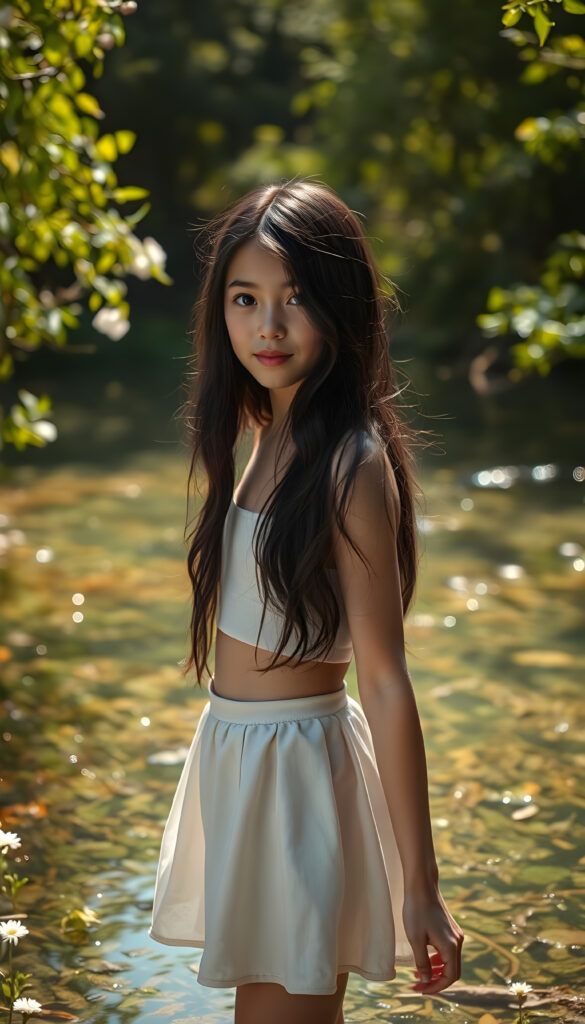 A radiant young girl with long, flowing black wavy hair stands gracefully in the front of a crystalline natural spring, her face shyly directed towards the camera. She wears a delicate, sleek crop top paired with a playful, round mini skirt that flares out as she twirls. The scene is bathed in soft, warm sunlight filtering through lush, vibrant green foliage, casting dappled shadows on the water's surface. The spring glistens with sparkling reflections, surrounded by blooming wildflowers in a range of soft pastel colors.
