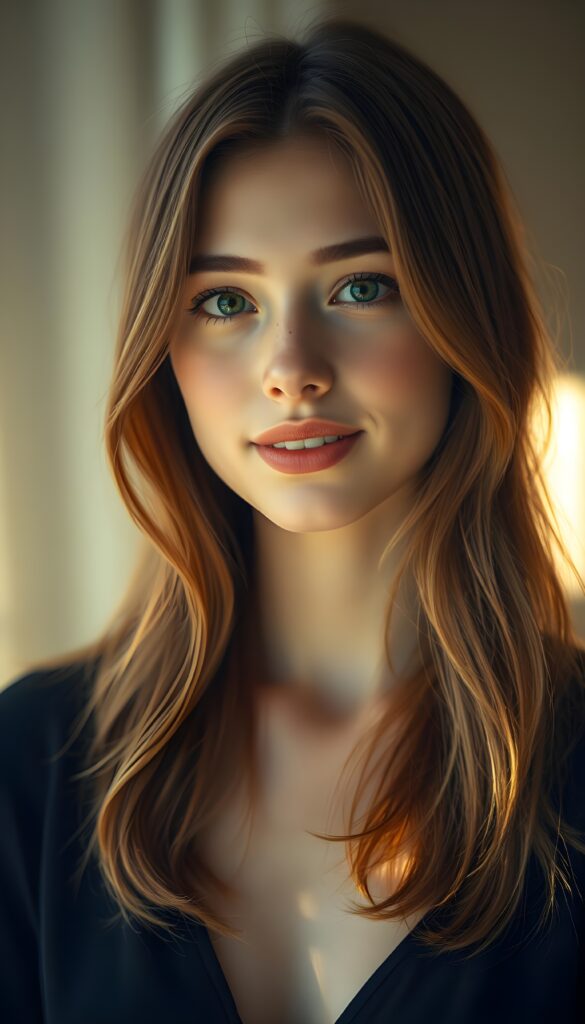 A radiant young woman with a radiant, natural complexion and playful freckles, framed by her soft, straight, orange-brown hair that cascades in gentle waves. Her full lips are slightly parted, revealing a warm, welcoming smile. She's adorned in a simple yet elegant black dress that accentuates her youthful charm, set against a backdrop of soft, ethereal white light that creates a serene and dreamy atmosphere. The scene is bathed in a warm, golden glow, casting a halo-like effect around her, highlighting her serene and innocent beauty.