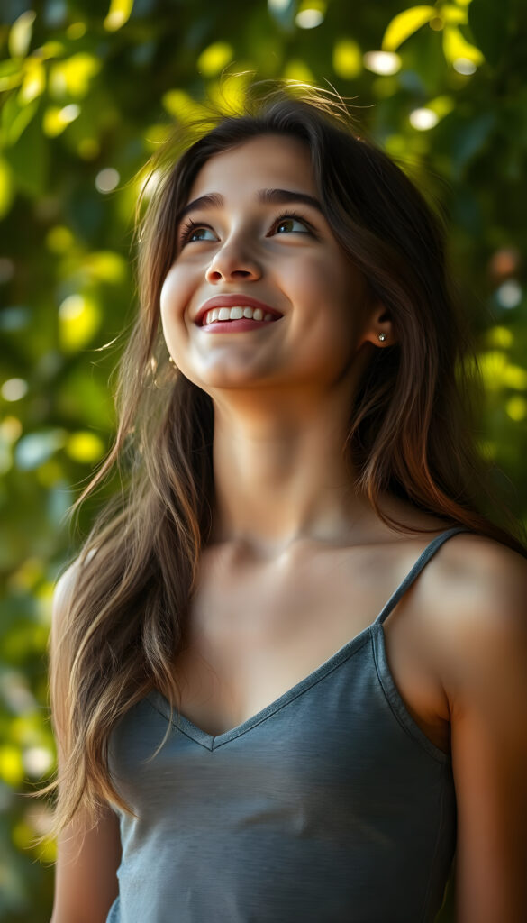 A radiant young girl in her teens, exuding charm and warmth, gazes upward with a dazzling smile. She is dressed in a stylish, cropped grey tank top with a deep V-neck, showcasing her delicate collarbone and shoulder. Her long, wavy brown hair cascades down her back in soft, flowing strands. The scene is bathed in soft, golden sunlight filtering through lush green foliage, creating a serene and enchanting atmosphere. Her expression is one of pure joy and innocence, capturing a moment of pure happiness and connection with the world around her.