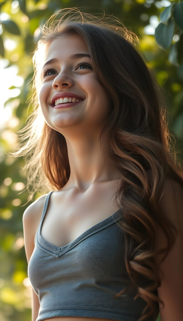 A radiant young girl in her teens, exuding charm and warmth, gazes upward with a dazzling smile. She is dressed in a stylish, cropped grey tank top with a deep V-neck, showcasing her delicate collarbone and shoulder. Her long, wavy brown hair cascades down her back in soft, flowing strands. The scene is bathed in soft, golden sunlight filtering through lush green foliage, creating a serene and enchanting atmosphere. Her expression is one of pure joy and innocence, capturing a moment of pure happiness and connection with the world around her.