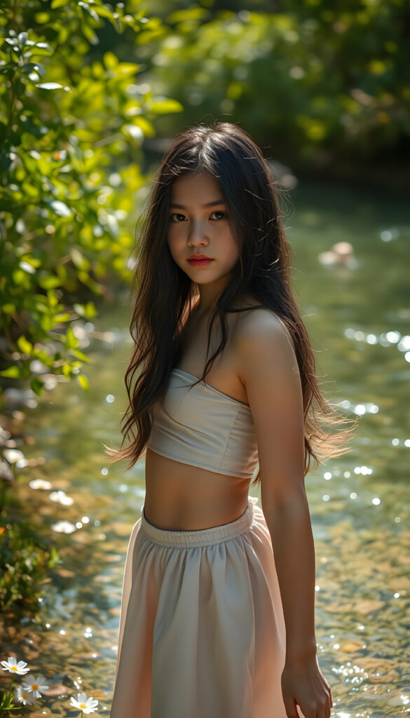 A radiant young girl with long, flowing black wavy hair stands gracefully in the front of a crystalline natural spring, her face shyly directed towards the camera. She wears a delicate, sleek crop top paired with a playful, round mini skirt that flares out as she twirls. The scene is bathed in soft, warm sunlight filtering through lush, vibrant green foliage, casting dappled shadows on the water's surface. The spring glistens with sparkling reflections, surrounded by blooming wildflowers in a range of soft pastel colors.