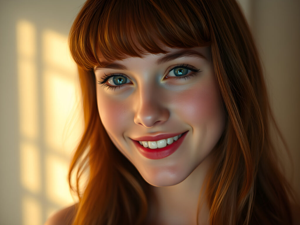 A radiant young teenage girl with a flawless, flawless silver complexion, her deep blue eyes shimmering with reflections of light, set against a soft, ethereal background. Her full, red lips are slightly parted, revealing a dazzling smile with white teeth. Her hair is a rich, reddish-brown, flowing in gentle waves and bangs that frame her face perfectly. The scene is bathed in a warm, golden light, highlighting her youthful beauty and creating a sense of serene elegance.