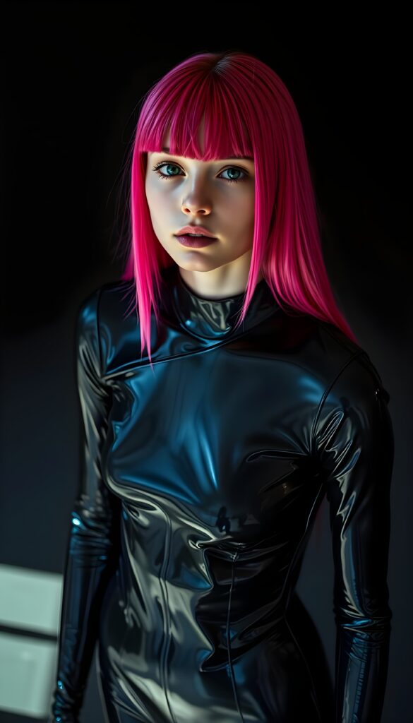 A radiant young girl stands confidently, her hair is straight long and in neon pink and has the same length left and right. She is dressed in a shimmering black latex catsuit, its glossy surface reflecting the room's vibrant, high-quality light. Her pose is in a silent conversation. The backdrop is a deep, rich black, enhancing her luminous presence. The lighting is perfect, casting dramatic shadows that add depth and dimension to the scene, creating a visually striking and elegant composition. View from above and she looks up to the viewer.