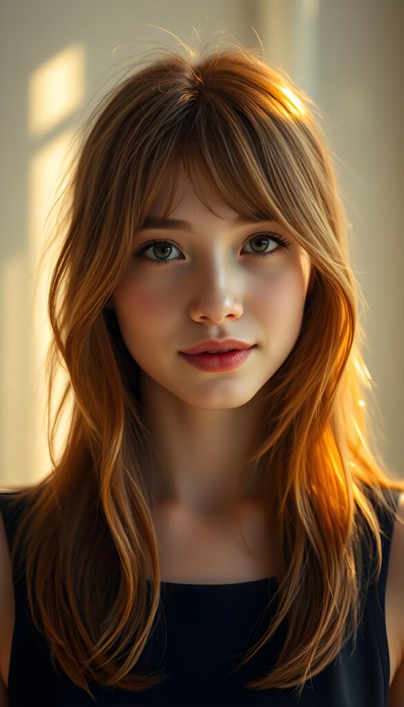 A radiant young woman with a radiant, natural complexion and playful freckles, framed by her soft, straight, orange-brown hair that cascades in gentle waves. Her full lips are slightly parted, revealing a warm, welcoming smile. She's adorned in a simple yet elegant black dress that accentuates her youthful charm, set against a backdrop of soft, ethereal white light that creates a serene and dreamy atmosphere. The scene is bathed in a warm, golden glow, casting a halo-like effect around her, highlighting her serene and innocent beauty.