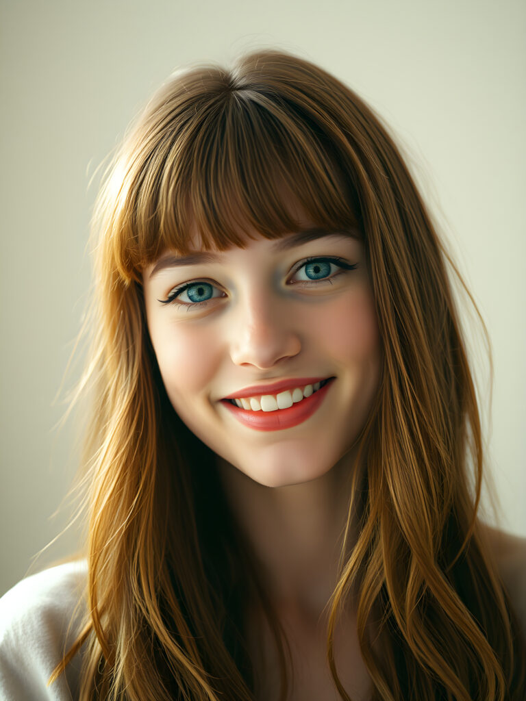 A radiant young woman with a flawless, flawless silver complexion, her deep blue eyes shimmering with reflections of light, set against a soft, ethereal background. Her full, red lips are slightly parted, revealing a dazzling smile with white teeth. Her hair is a rich, reddish-brown, flowing in gentle waves and bangs that frame her face perfectly. The scene is bathed in a warm, golden light, highlighting her youthful beauty and creating a sense of serene elegance.