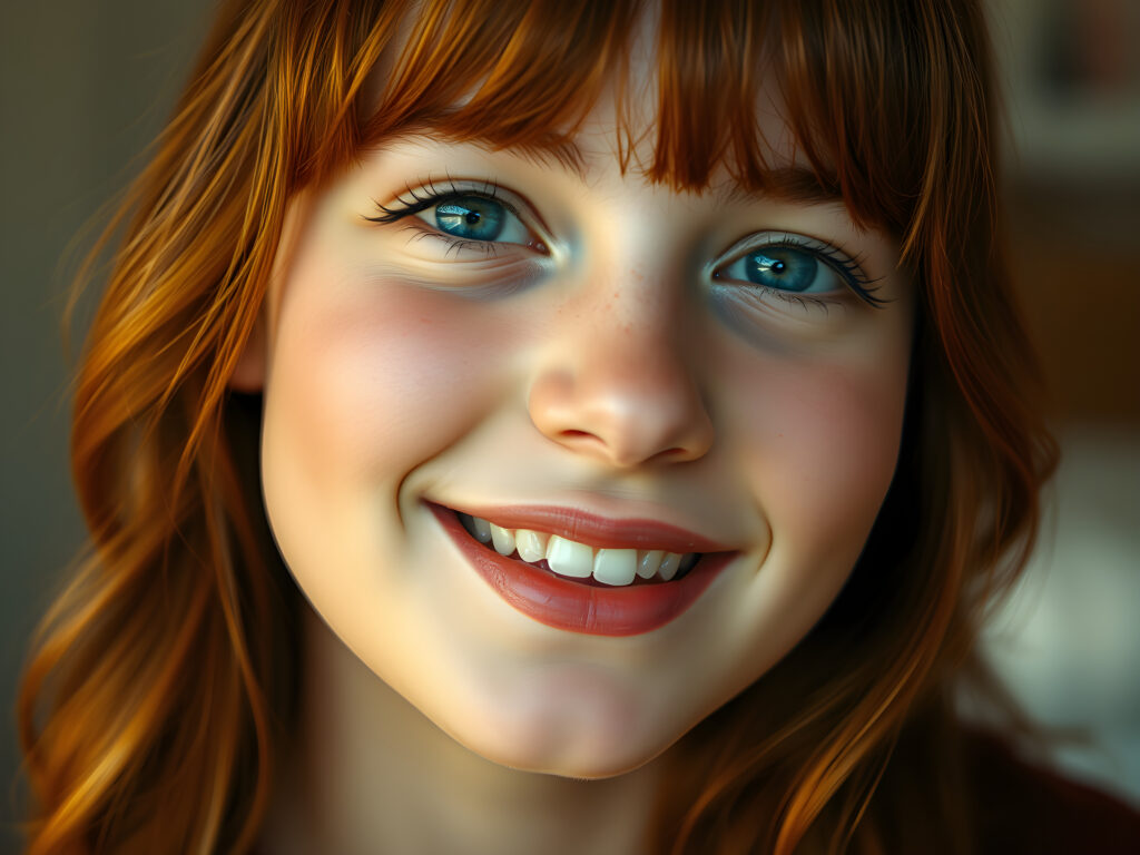 A radiant young teenage girl with a flawless, flawless silver complexion, her deep blue eyes shimmering with reflections of light, set against a soft, ethereal background. Her full, red lips are slightly parted, revealing a dazzling smile with white teeth. Her hair is a rich, reddish-brown, flowing in gentle waves and bangs that frame her face perfectly. The scene is bathed in a warm, golden light, highlighting her youthful beauty and creating a sense of serene elegance.