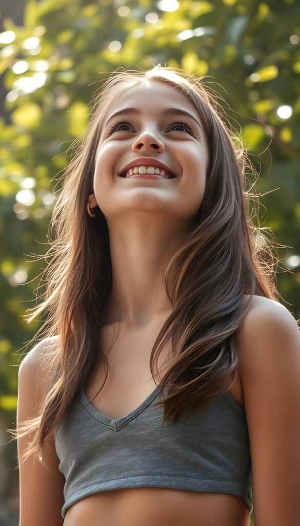 A radiant young girl in her teens, exuding charm and warmth, gazes upward with a dazzling smile. She is dressed in a stylish, cropped grey tank top with a deep V-neck, showcasing her delicate collarbone and shoulder. Her long, wavy brown hair cascades down her back in soft, flowing strands. The scene is bathed in soft, golden sunlight filtering through lush green foliage, creating a serene and enchanting atmosphere. Her expression is one of pure joy and innocence, capturing a moment of pure happiness and connection with the world around her.