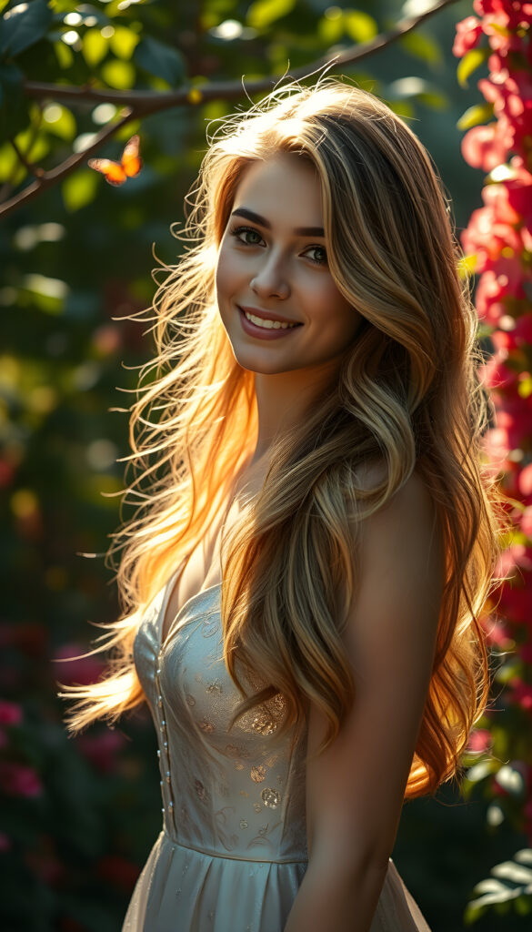 A radiant young woman stands gracefully in an enchanted garden, her lustrous, silky, and wavy hair cascading down her shoulders like golden threads, her serene smile radiating warmth and tranquility, her eyes sparkling like stars. Her flowing hair is illuminated by the soft, ethereal sunlight filtering through the colorful, lush foliage, creating a mesmerizing, vibrant contrast of hues. Her shimmering dress, adorned with intricate floral patterns, blends seamlessly with the vibrant garden, making her appear as if she is part of a magical painting. The scene is bathed in soft, warm light, casting a dreamy glow over the entire composition, with butterflies and a few gentle rays of sunlight peeking through the leaves.