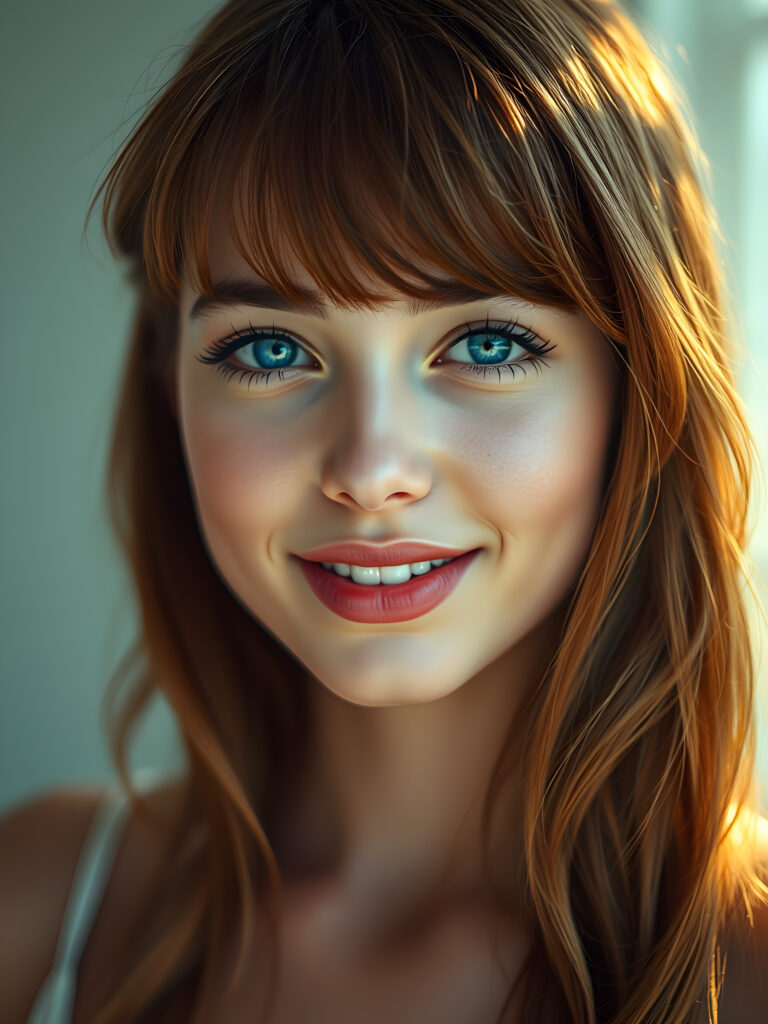 A radiant young woman with a flawless, flawless silver complexion, her deep blue eyes shimmering with reflections of light, set against a soft, ethereal background. Her full, red lips are slightly parted, revealing a dazzling smile with white teeth. Her hair is a rich, reddish-brown, flowing in gentle waves and bangs that frame her face perfectly. The scene is bathed in a warm, golden light, highlighting her youthful beauty and creating a sense of serene elegance.