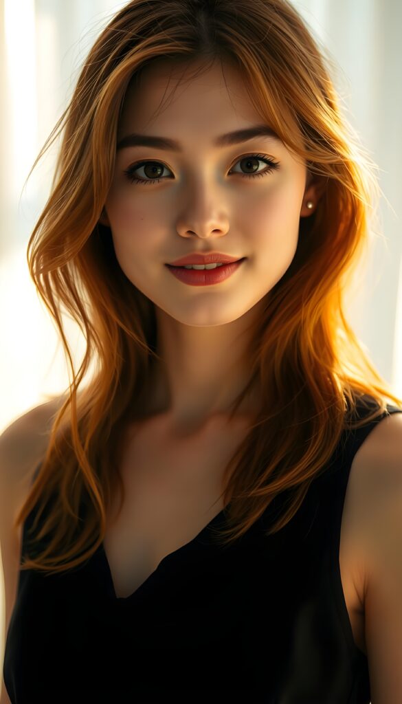 A radiant young woman with a radiant, natural complexion and playful freckles, framed by her soft, straight, orange-brown hair that cascades in gentle waves. Her full lips are slightly parted, revealing a warm, welcoming smile. She's adorned in a simple yet elegant black dress that accentuates her youthful charm, set against a backdrop of soft, ethereal white light that creates a serene and dreamy atmosphere. The scene is bathed in a warm, golden glow, casting a halo-like effect around her, highlighting her serene and innocent beauty.