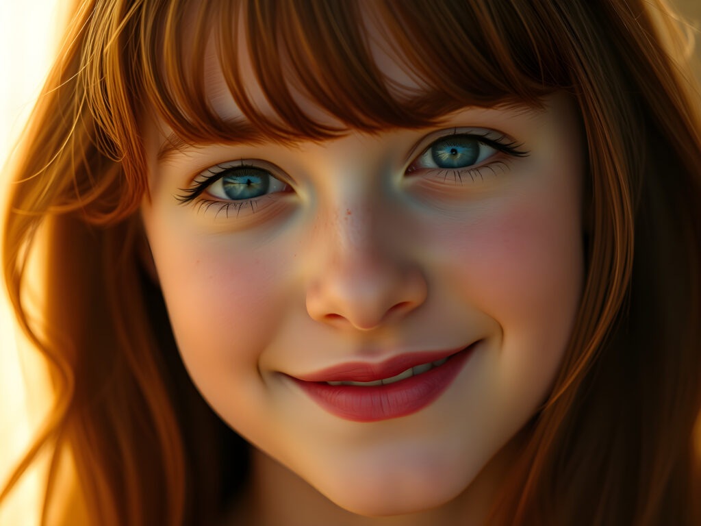 A radiant young teenage girl with a flawless, flawless silver complexion, her deep blue eyes shimmering with reflections of light, set against a soft, ethereal background. Her full, red lips are slightly parted, revealing a dazzling smile with white teeth. Her hair is a rich, reddish-brown, flowing in gentle waves and bangs that frame her face perfectly. The scene is bathed in a warm, golden light, highlighting her youthful beauty and creating a sense of serene elegance.