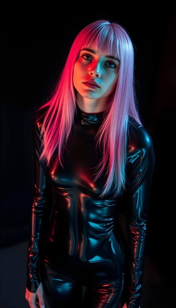 A radiant young girl stands confidently, her hair is straight long and in neon pink and has the same length left and right. She is dressed in a shimmering black latex catsuit, its glossy surface reflecting the room's vibrant, high-quality light. Her pose is in a silent conversation. The backdrop is a deep, rich black, enhancing her luminous presence. The lighting is perfect, casting dramatic shadows that add depth and dimension to the scene, creating a visually striking and elegant composition. View from above and she looks up to the viewer.