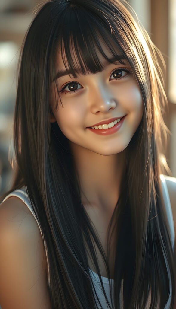 A realistic 3D photo from a cute teen girl with long, soft black straight hair and white straps, her hair falls gently over her body, the same length on both sides, round bright, detailed eyes, wearing a white cropped tank top. Her skin has a pale, almost translucent quality, and she smiles warm at the camera, the scene is bathed in warm, golden light, creating a whimsical and serene atmosphere, round face, full plump lips, white teeth, perfect makeup