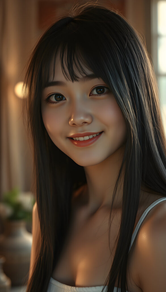 A realistic 3D photo from a cute teen girl with long, soft black straight hair and white straps, her hair falls gently over her body, the same length on both sides, round bright, detailed eyes, wearing a white cropped tank top. Her skin has a pale, almost translucent quality, and she smiles warm at the camera, the scene is bathed in warm, golden light, creating a whimsical and serene atmosphere, round face, full plump lips, white teeth, perfect makeup