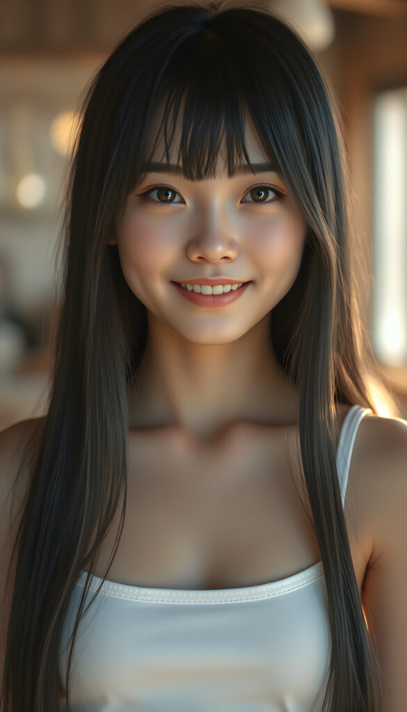 A realistic 3D photo from a cute teen girl with long, soft black straight hair and white straps, her hair falls gently over her body, the same length on both sides, round bright, detailed eyes, wearing a white cropped tank top. Her skin has a pale, almost translucent quality, and she smiles warm at the camera, the scene is bathed in warm, golden light, creating a whimsical and serene atmosphere, round face, full plump lips, white teeth, perfect makeup