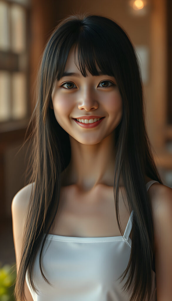A realistic 3D photo from a cute teen girl with long, soft black straight hair and white straps, her hair falls gently over her body, the same length on both sides, round bright, detailed eyes, wearing a white cropped tank top. Her skin has a pale, almost translucent quality, and she smiles warm at the camera, the scene is bathed in warm, golden light, creating a whimsical and serene atmosphere, round face, full plump lips, white teeth, perfect makeup