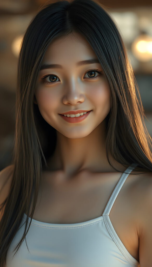 A realistic 3D photo from a cute teen girl with long, soft black straight hair and white straps, her hair falls gently over her body, the same length on both sides, round bright, detailed eyes, wearing a white cropped tank top. Her skin has a pale, almost translucent quality, and she smiles warm at the camera, the scene is bathed in warm, golden light, creating a whimsical and serene atmosphere, round face, full plump lips, white teeth, perfect makeup