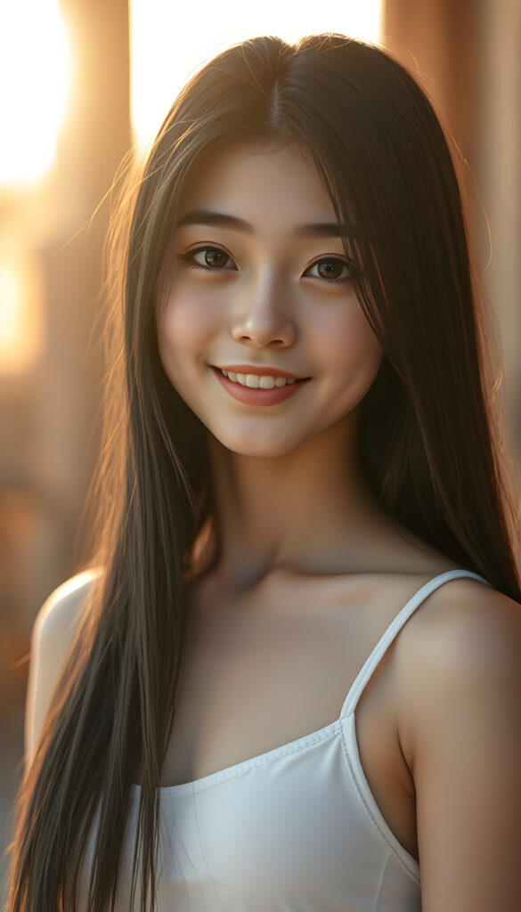 A realistic 3D photo from a cute teen girl with long, soft black straight hair and white straps, her hair falls gently over her body, the same length on both sides, round bright, detailed eyes, wearing a white cropped tank top. Her skin has a pale, almost translucent quality, and she smiles warm at the camera, the scene is bathed in warm, golden light, creating a whimsical and serene atmosphere, round face, full plump lips, white teeth, perfect makeup