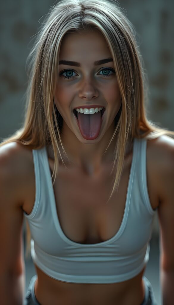A realistic detailed young teen girl, she sticks out her tongue and looks at the camera. She is wearing a tight white tank top with a low and deep v-neckline. Straight, shiny light soft open blonde hair with brown highlight falls down, wide open mouth with white teeth, blue eyes. Her two hands and five fingers on the floor. View from the front