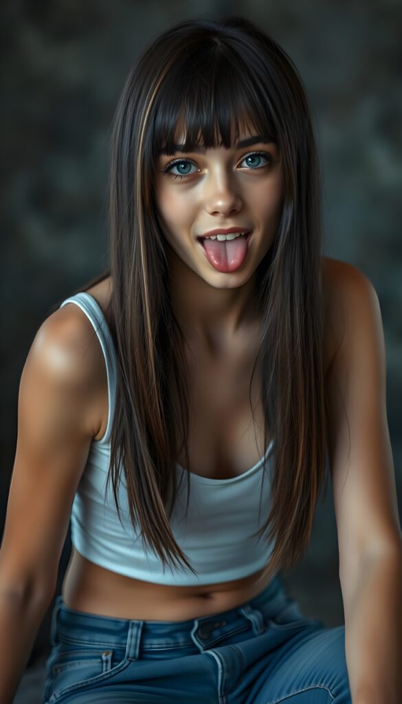 A realistic detailed young teen girl, sitting and she leans forward, she sticks slightly out her tongue and looks at the camera. She is wearing a tight white tank top with a low and deep v-neckline. Short blue denim jeans pants. Straight, shiny soft open black hair with brown highlight falls down, same length, bangs cut, wide open mouth with white teeth, blue eyes. View from the front