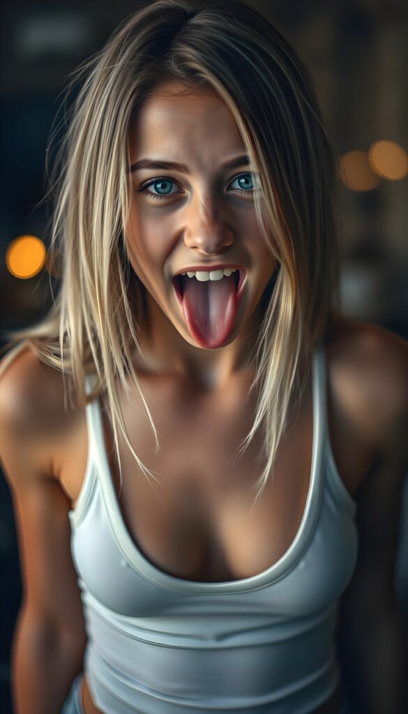 A realistic detailed young teen girl, she sticks out her tongue and looks at the camera. She is wearing a tight white tank top with a low and deep v-neckline. Straight, shiny light soft open blonde hair with brown highlight falls down, wide open mouth with white teeth, blue eyes. Her two hands and five fingers on the floor. View from the front
