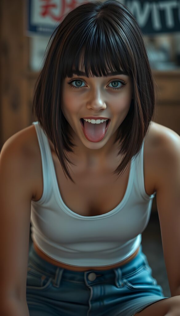 A realistic detailed young teen girl, sitting, she sticks slightly out her tongue and looks at the camera. She is wearing a tight white tank top with a low and deep v-neckline. Short blue denim jeans pants. Straight, shiny soft open black hair with brown highlight falls down, bangs and bob cut, wide open mouth with white teeth, blue eyes. View from the front
