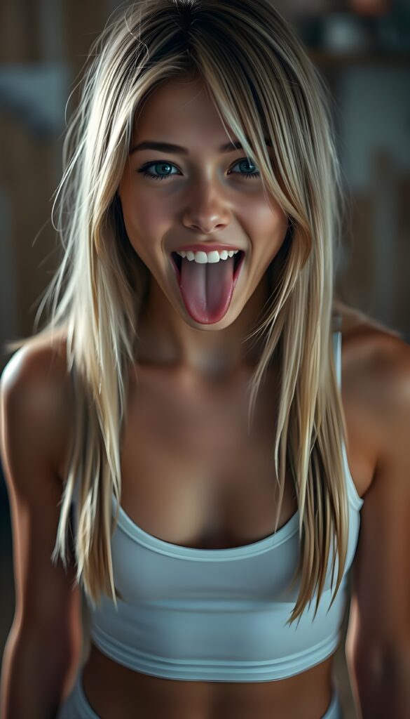 A realistic detailed young teen girl, she sticks out her tongue and looks at the camera. She is wearing a tight white tank top with a low and deep v-neckline. Straight, shiny light soft open blonde hair with brown highlight falls down, wide open mouth with white teeth, blue eyes. Her two hands and five fingers on the floor. View from the front