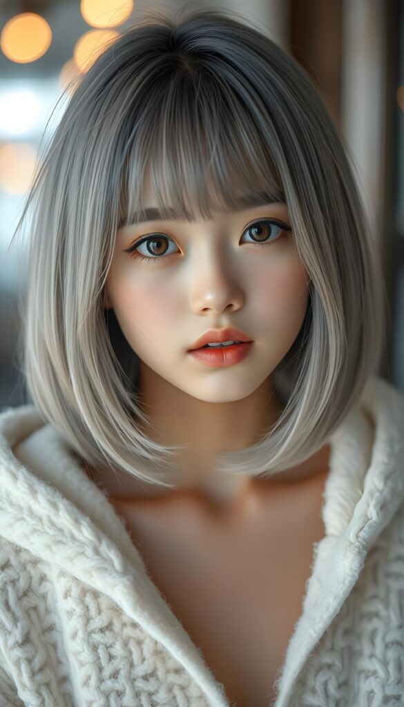 A realistic photo shows a cute, young Japanese girl, she has fine, straight soft full open light gray hair, her hair falls down in a perfect shoulder length bob cut, perfect bangs cut and a round face, and flawless skin. The girl is looking cheekily direct at the camera. She wars only a fine white fluffy oversized open hoodie. Beautiful amber eyes and red lips. Seductive look.