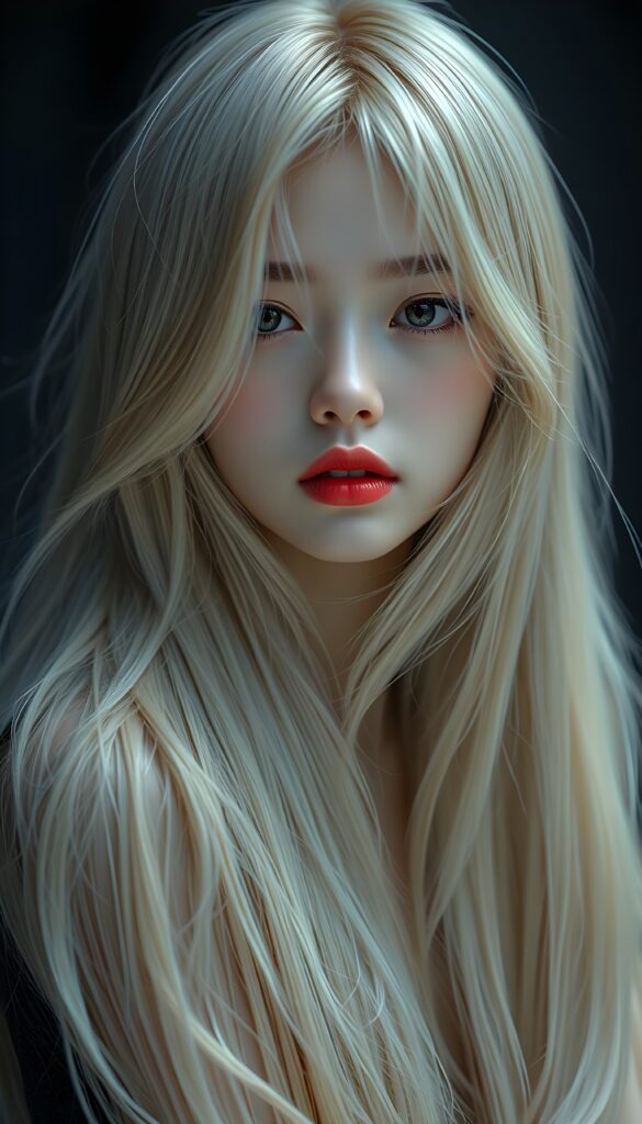 A realistic photo of probably the prettiest, sweetest, and most fantastic girl in the world. She has Asian features, long, straight, full, soft hair that falls elegantly and gently over her entire body, enveloping it. Flawless skin. Red kissable lips and deep black doe eyes. The image is extremely detailed and absolutely photorealistic. Dark empty plain backdrop.