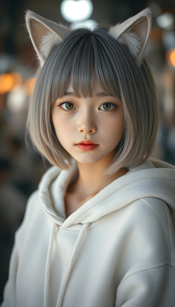 A realistic photo shows a cute, young Japanese girl, she has fine, straight soft full open light gray hair, her hair falls down in a perfect shoulder length bob cut, perfect bangs cut and a round face, and flawless skin. She has white, fluffy cat ears. The girl is looking cheekily direct at the camera. She wars only a fine white oversized hoodie made of wool. Beautiful amber eyes and red lips.