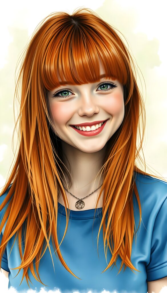 A realistic photo featuring an adult girl with long, ((glowing ginger red straight jet hair, bangs frame her round face)). She is wearing a blue t-shirt, all against a light green backdrop. She is very happy, smile, white teeth.