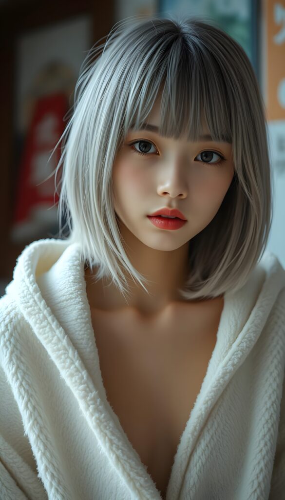 A realistic photo shows a cute, young Japanese girl, she has fine, straight soft full open light gray hair, her hair falls down in a perfect shoulder length bob cut, perfect bangs cut and a round face, and flawless skin. The girl is looking cheekily direct at the camera. She wars only a fine white fluffy oversized open hoodie. Beautiful amber eyes and red lips. Seductive look.