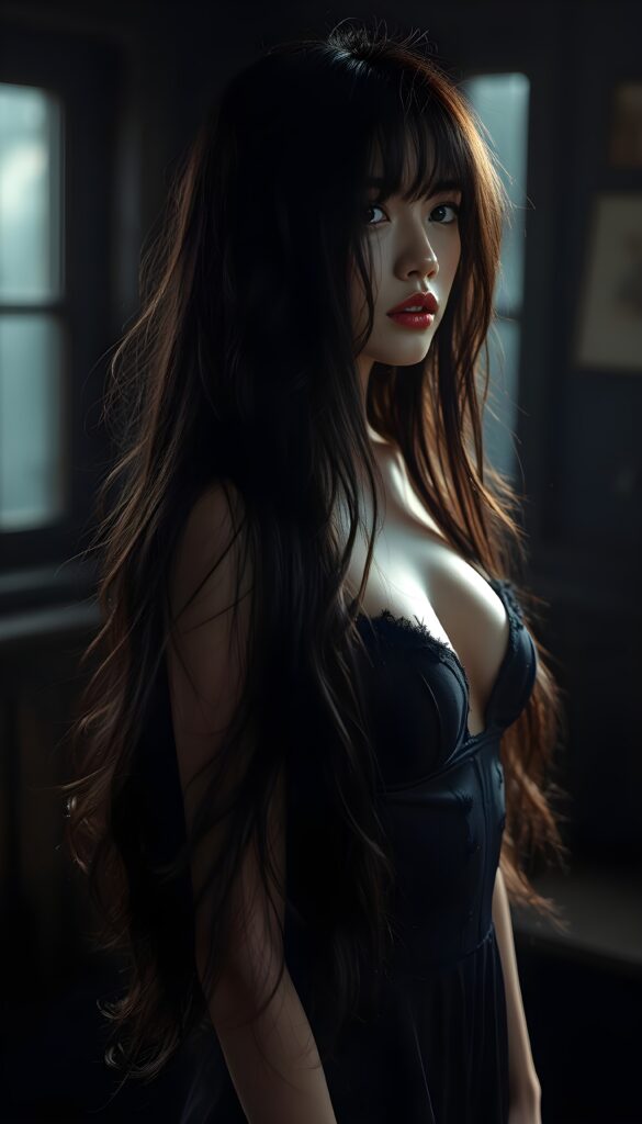 A realistic photo of probably the prettiest, sweetest, and most fantastic girl in the world. She has long, straight, full, soft dark hair that falls elegantly and gently over her entire body, enveloping it. Flawless skin. Red kissable lips and deep black doe eyes. The image is extremely detailed and absolutely photorealistic. Dark thin dressed negligee in silk. She stands in a dark room, slightly sun light falls in to an old windows.