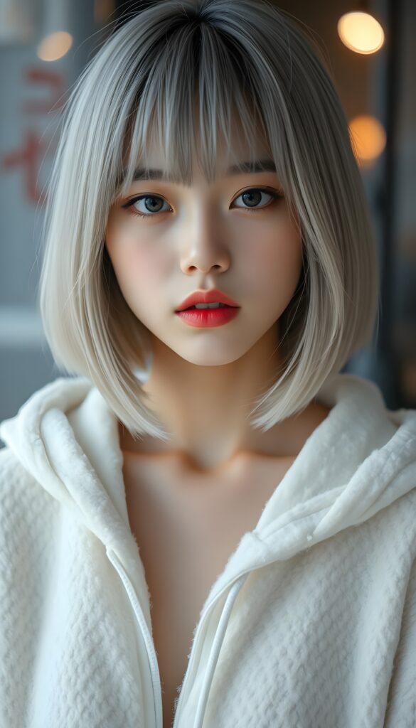 A realistic photo shows a cute, young Japanese girl, she has fine, straight soft full open light gray hair, her hair falls down in a perfect shoulder length bob cut, perfect bangs cut and a round face, and flawless skin. The girl is looking cheekily direct at the camera. She wars only a fine white fluffy oversized open hoodie. Beautiful amber eyes and red lips. Seductive look.