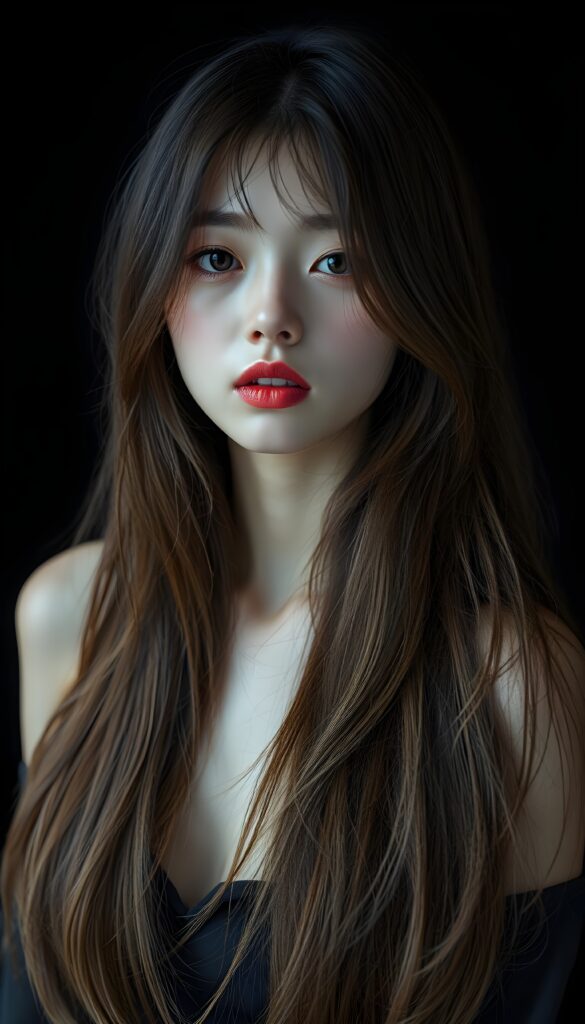A realistic photo of probably the prettiest, sweetest, and most fantastic girl in the world. She has Asian features, long, straight, full, soft hair that falls elegantly and gently over her entire body, enveloping it. Flawless skin. Red kissable lips and deep black doe eyes. The image is extremely detailed and absolutely photorealistic. Dark empty plain backdrop.