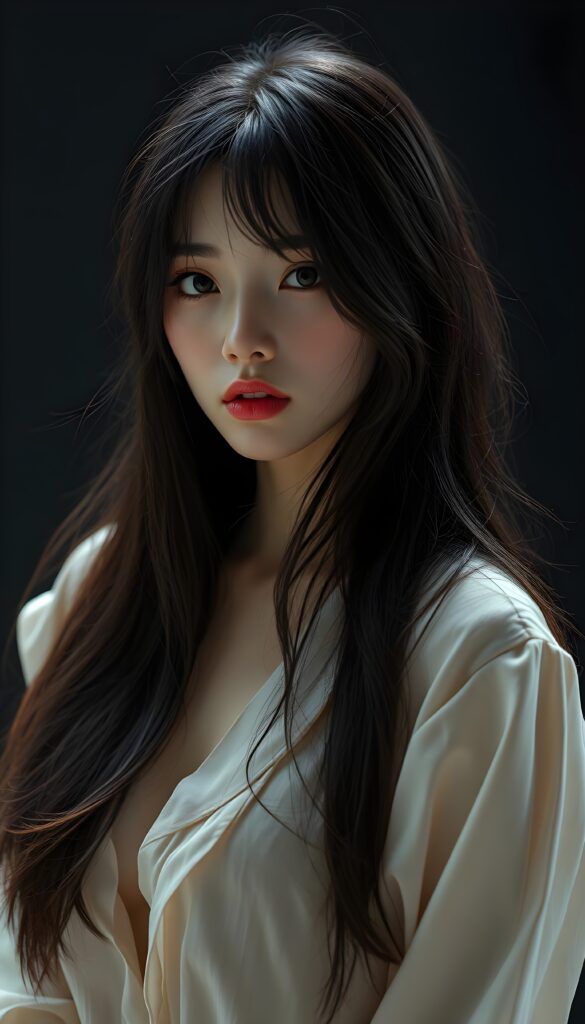 A realistic photo of probably the prettiest, sweetest, and most fantastic girl in the world. She has Asian features, long, straight, full, soft hair that falls elegantly and gently over her entire body, enveloping it. Flawless skin. Red kissable lips and deep black doe eyes. The image is extremely detailed and absolutely photorealistic. Dark empty plain backdrop.