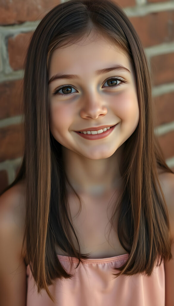 A realistic photo from a vibrant, high-angle view of a cheerful young girl with soft brown long straight hair and black highlights framing her face in the same length left and right. Her round, expressive face is flawless. She wears a stylish, thin colored tank top made of fine silk, blending harmoniously with her natural beauty, all against a brick wall.