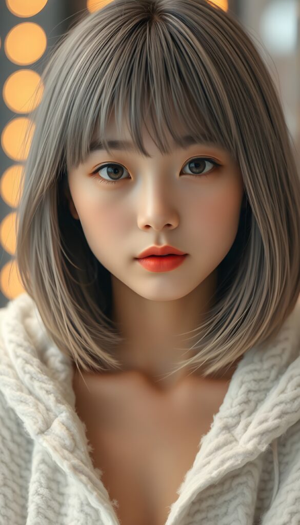 A realistic photo shows a cute, young Japanese girl, she has fine, straight soft full open light gray hair, her hair falls down in a perfect shoulder length bob cut, perfect bangs cut and a round face, and flawless skin. The girl is looking cheekily direct at the camera. She wars only a fine white fluffy oversized open hoodie. Beautiful amber eyes and red lips. Seductive look.