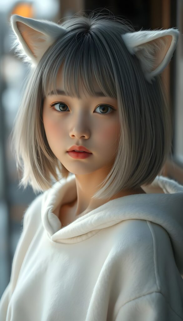 A realistic photo shows a cute, young Japanese girl, she has fine, straight soft full open light gray hair, her hair falls down in a perfect shoulder length bob cut, perfect bangs cut and a round face, and flawless skin. She has white, fluffy cat ears. The girl is looking cheekily direct at the camera. She wars only a fine white oversized hoodie made of wool. Beautiful amber eyes and red lips.