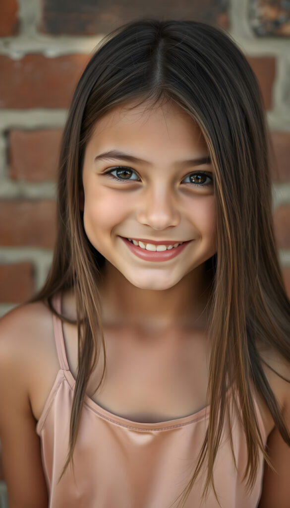 A realistic photo from a vibrant, high-angle view of a cheerful young girl with soft brown long straight hair and black highlights framing her face in the same length left and right. Her round, expressive face is flawless. She wears a stylish, thin colored tank top made of fine silk, blending harmoniously with her natural beauty, all against a brick wall.
