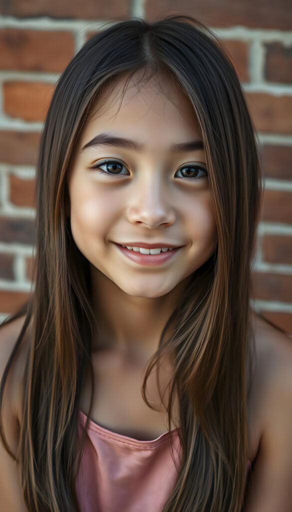 A realistic photo from a vibrant, high-angle view of a cheerful young girl with soft brown long straight hair and black highlights framing her face in the same length left and right. Her round, expressive face is flawless. She wears a stylish, thin colored tank top made of fine silk, blending harmoniously with her natural beauty, all against a brick wall.