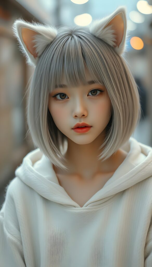 A realistic photo shows a cute, young Japanese girl, she has fine, straight soft full open light gray hair, her hair falls down in a perfect shoulder length bob cut, perfect bangs cut and a round face, and flawless skin. She has white, fluffy cat ears. The girl is looking cheekily direct at the camera. She wars only a fine white oversized hoodie made of wool. Beautiful amber eyes and red lips.