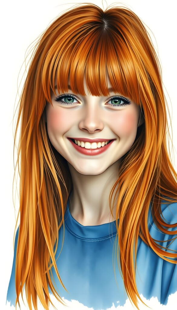 A realistic photo featuring an adult girl with long, ((glowing ginger red straight jet hair, bangs frame her round face)). She is wearing a blue t-shirt, all against a light green backdrop. She is very happy, smile, white teeth.