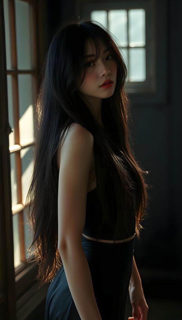 A realistic photo of probably the prettiest, sweetest, and most fantastic girl in the world. She has long, straight, full, soft dark hair that falls elegantly and gently over her entire body, enveloping it. Flawless skin. Red kissable lips and deep black doe eyes. The image is extremely detailed and absolutely photorealistic. Dark thin dressed negligee in silk. She stands in a dark room, slightly sun light falls in to an old windows.